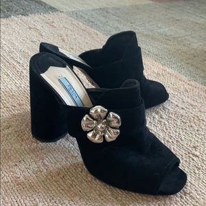Prada Black Suede Mules w/Floral Decal